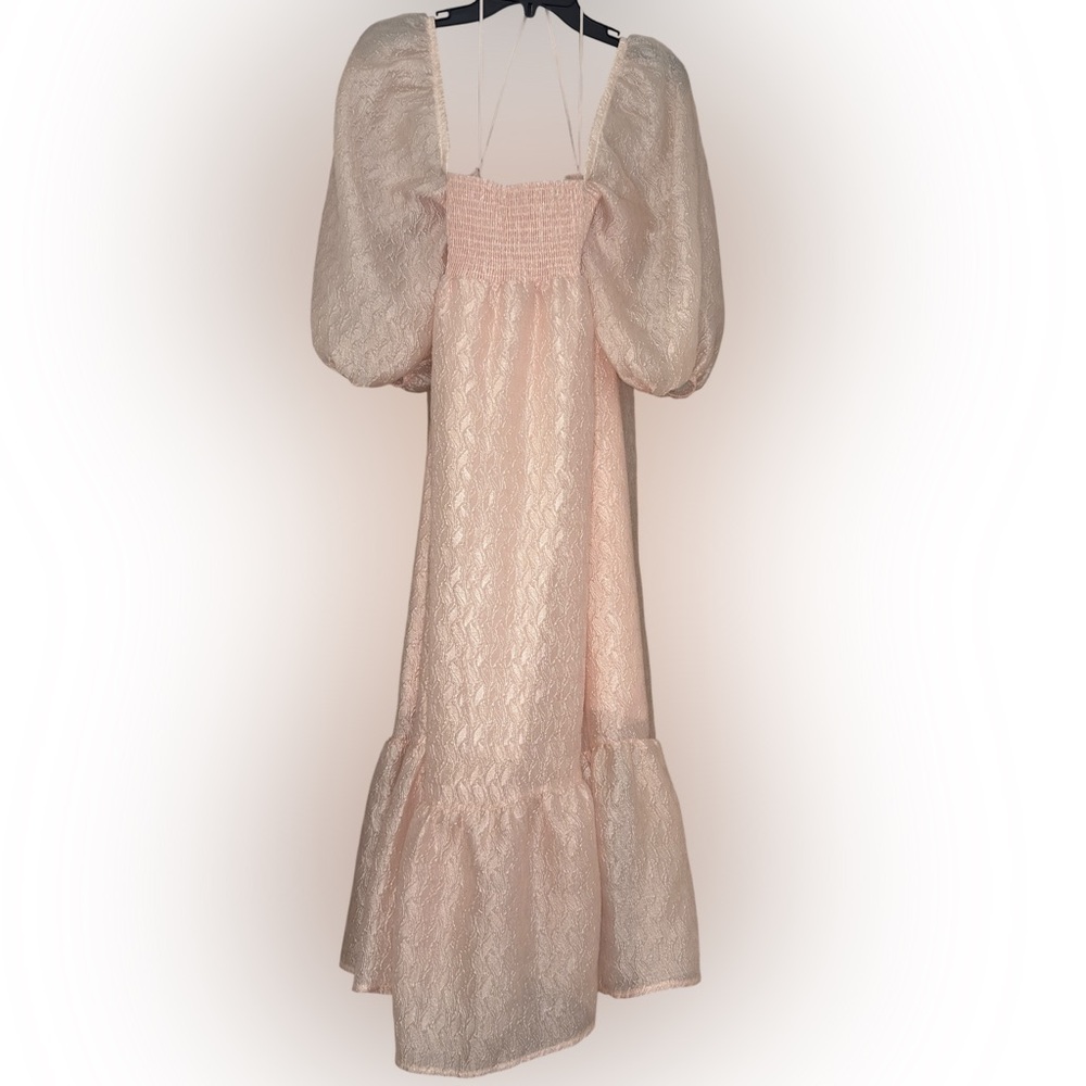 Anthropologie Textured Puff Sleeve Midi Dress Romantic Blush Pink Size L - Picture 3 of 12